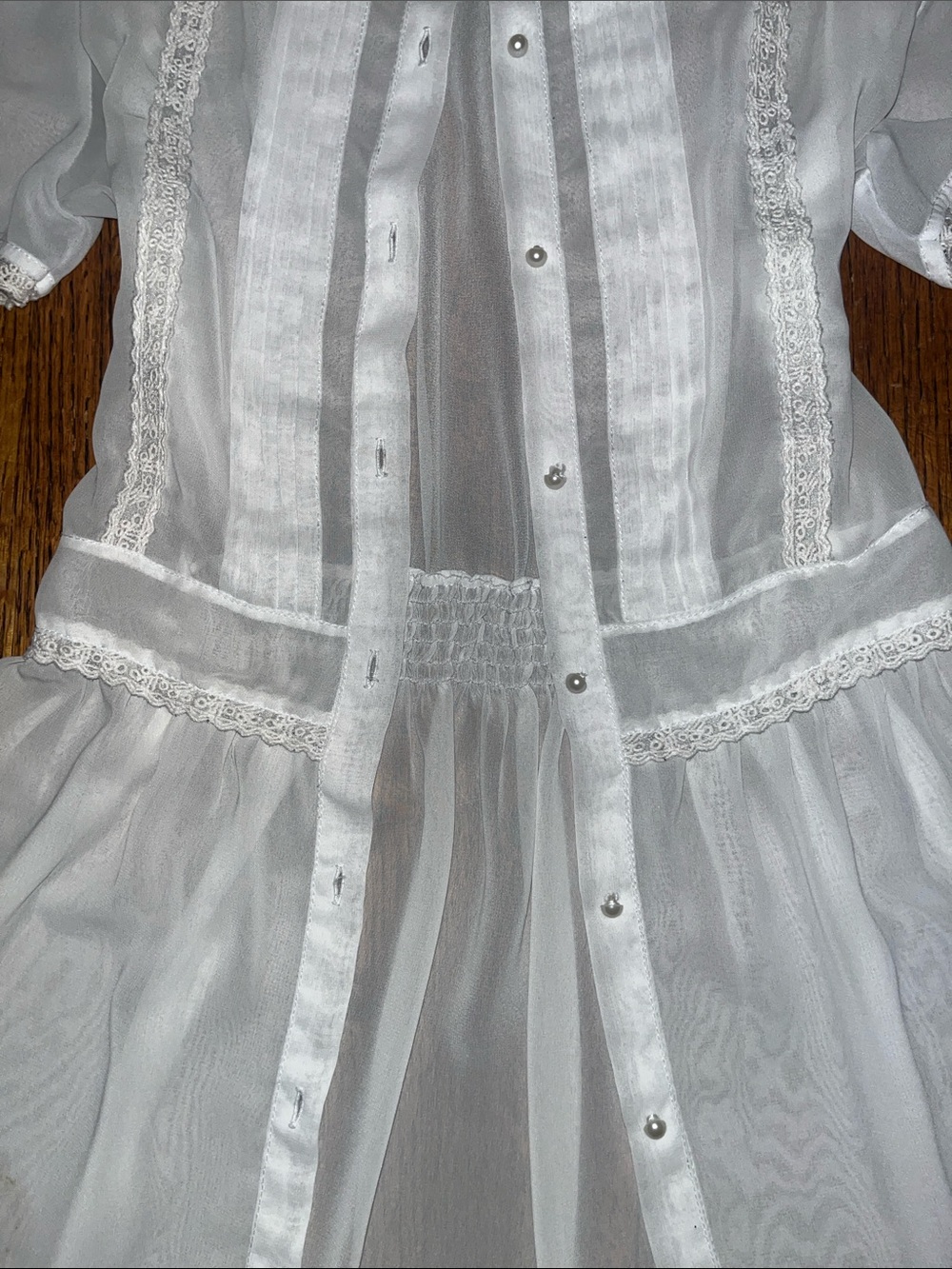 Club X | 100% Silk Sheer White Lace-Trim Button Front Dress - Picture 4 of 9